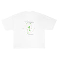 White t-shirt with green graphic design on a white background
